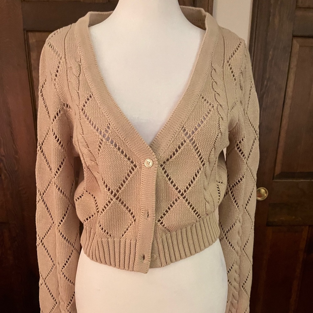 Forever 21 Tan Open-Knit Diamond Crop Cardigan